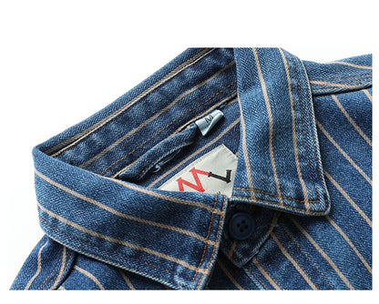 American Retro Workwear Long Sve Denim irt Loose Casual Striped ket irt Youth Trend Autumn Wear Iron Free