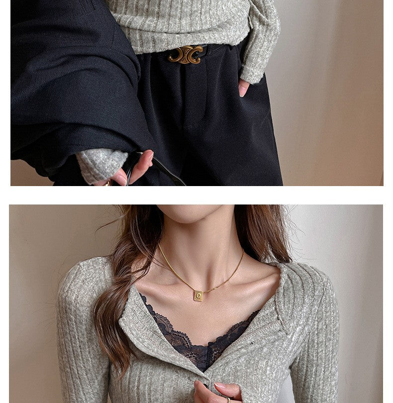 Lace Slim-fitting Bottoming Shirt Fake Two Piece Long Sleeve T-Shirt Women Chic Button Pit Striped Tops Autumn Winter Base Tees