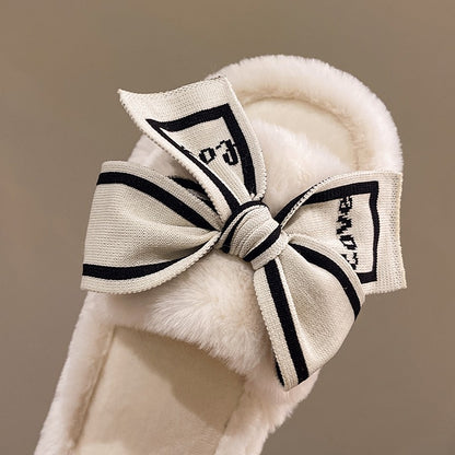 Casual Fluffy Slippers Women House Flats Fashion Winter Bowknot Love Designer Shoes Ladies Home Plush Platform Elegant Footwear