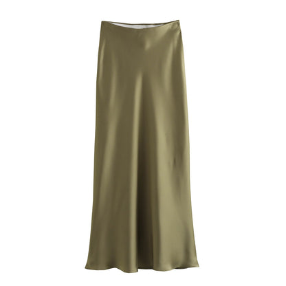 XNWMNZ Women's Fashion 2023 Flowing Satin Midi Skirt Women Vintage Elastic High