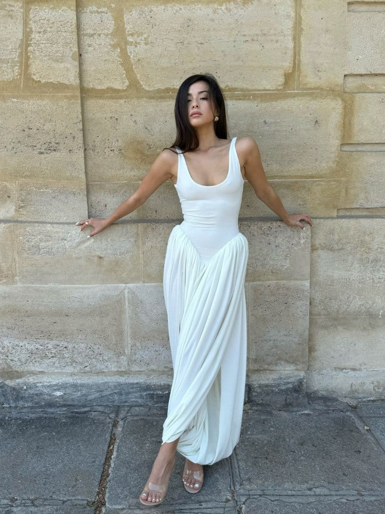 Women Sleeveless High Waist Split Sling Dresses White Elegant U Neck Irregular P