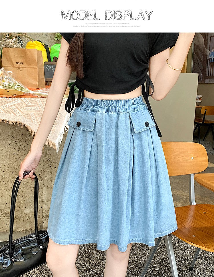 Casual Summer Plus Size Midi Denim Skirts Woman Preppy Loose A-line Ruffles Skirt With Shorts Elastic Waist Jeans Skirts Women