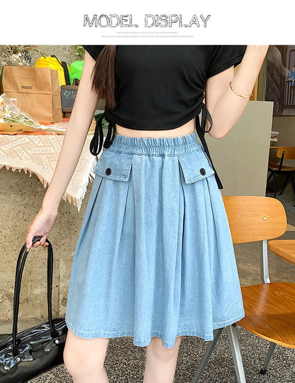 Casual Summer Plus Size Midi Denim Skirts Woman Preppy Loose A-line Ruffles Skirt With Shorts Elastic Waist Jeans Skirts Women