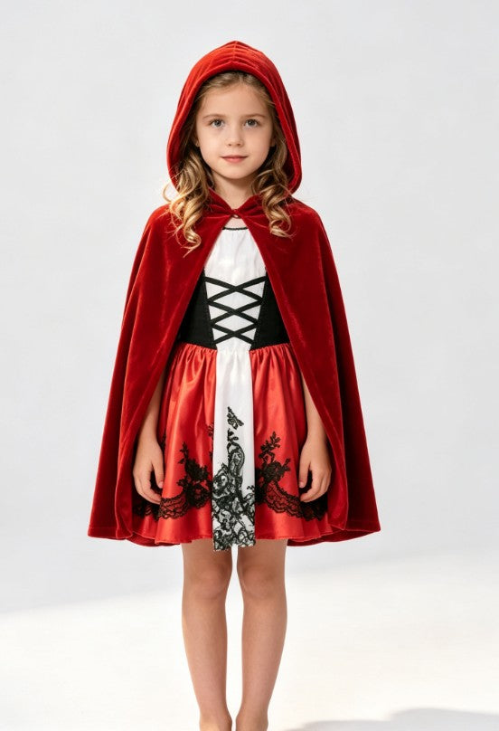 Kids Velvet Hood Cloak with Black Lace Corset Print Fairytale Outfit