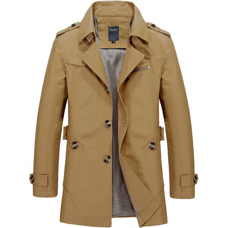 Men's Spring and Autumn New Fashion Casual Cotton Trench Coat, Solid Color Lapel Single-breasted Mid-long Splicing Trench Coat