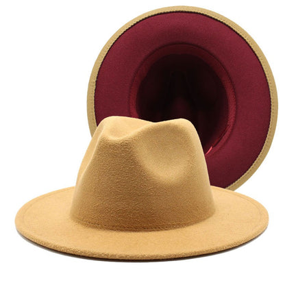 QBHAT Two-color Fedora Hat Women Men Wide Brim Felt Jazz Hat Ladies Party Top Cap Patchwork Chapeau Sombreros De Mujer 50 Colors
