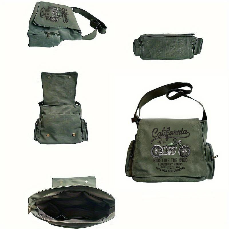 Vintage Men Canvas Messenger Bag Crossbody Bags Unisex Motorcycle Print Shoudler Bag Large Capacity Commuting Bag