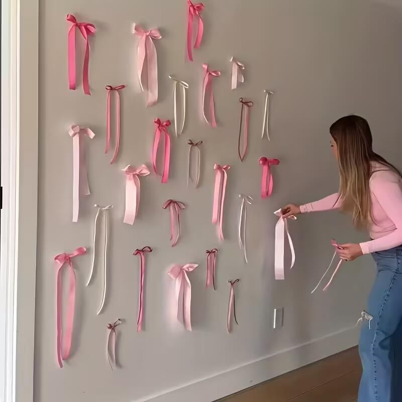 20Pcs Pink Bow Wall Decor, DIY Bow Photo Backdrop for Birthday Wedding Bachelorette Party Home Room Decoration DIY Gifts Ribbon