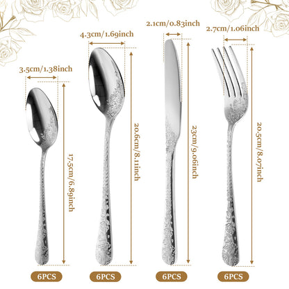20/24 Peças Conjunto de Utensílios de Aço Inoxidável Conjunto de Talheres Florais Garfo Colher e Faca Kits de Utensílios de Cozinha para Restaurante