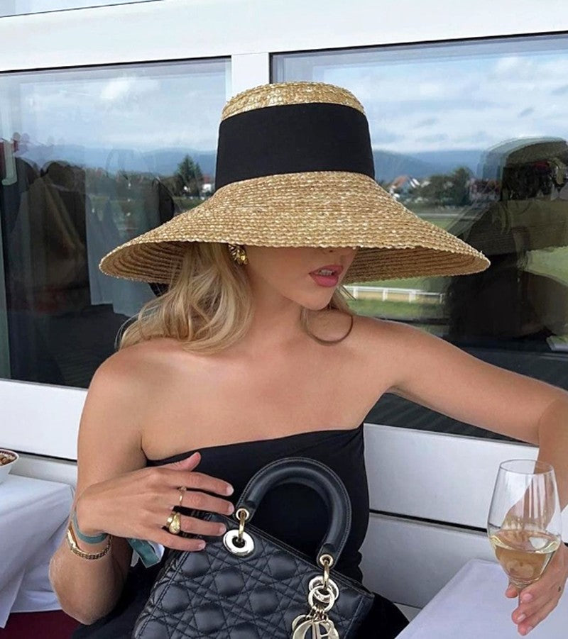 2024 Summer Straw Hat Beach Hat Women's Seaside Sun Hat Vacation Bow Ribbon Flat Top Big Brim Straw Hat praia ??