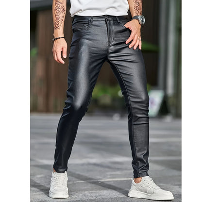 European and American men's plus size hot fashion black leather pants trend high-end slim fit small leg pants versatile pants