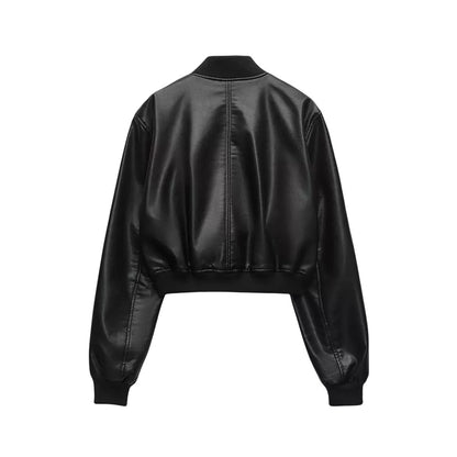 BSK&TRAF Hot Girl Stand Collar Distressed Faux Leather Bomber Jacket 2025 Women's Fashion Commuter Leather Jacket