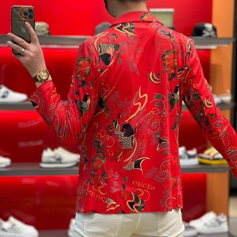 Spring and Summer Suits, Elastic, Luxurious, Koi Men's Slimming, High-end Ironing, Casual, Fashionable and Individual Outerwear