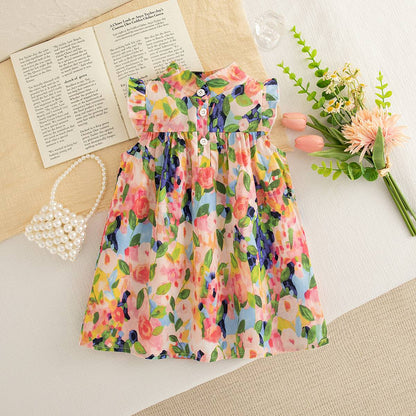Baby Girl Dress, Summer New Sweet Flower Ruffled Sleeve Children'S Sleeveless Clothes Suitable For 0-3 Years Old