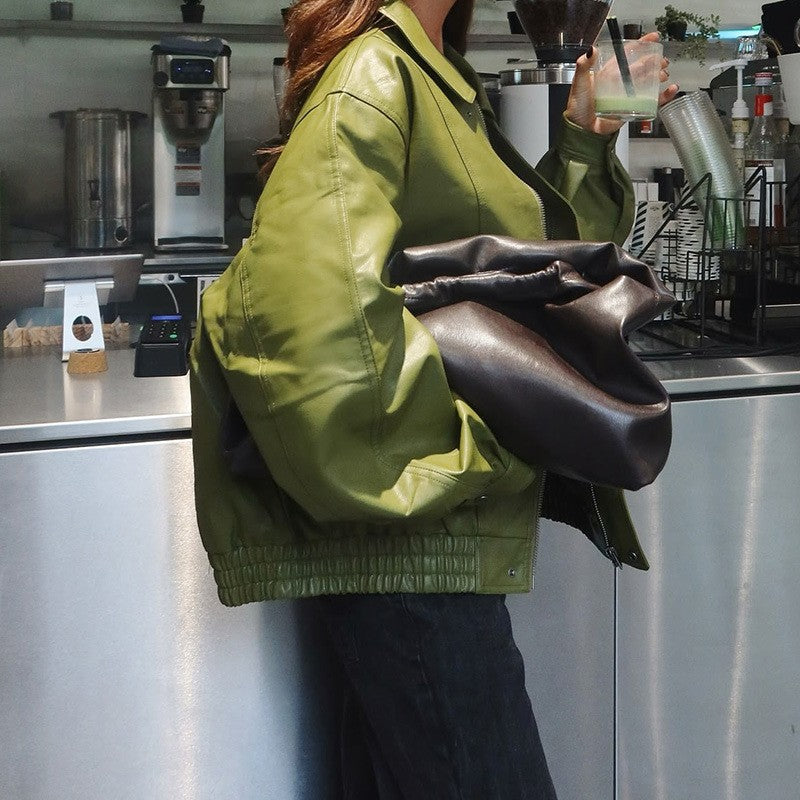 Olive Green Leather Jacket Coat Silhouette Vintage High Street Trend Zipper Lapel Short Overcoat Loose Casual Top Outwear Autumn