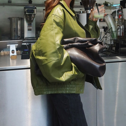 Olive Green Leather Jacket Coat Silhouette Vintage High Street Trend Zipper Lapel Short Overcoat Loose Casual Top Outwear Autumn