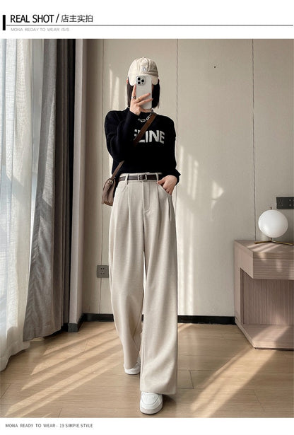 High Quality Woolen Wide Leg Pants Women Streetwear Belt Baggy Black Suit Pants Winter Korean Fashion Casual Straight Trousers