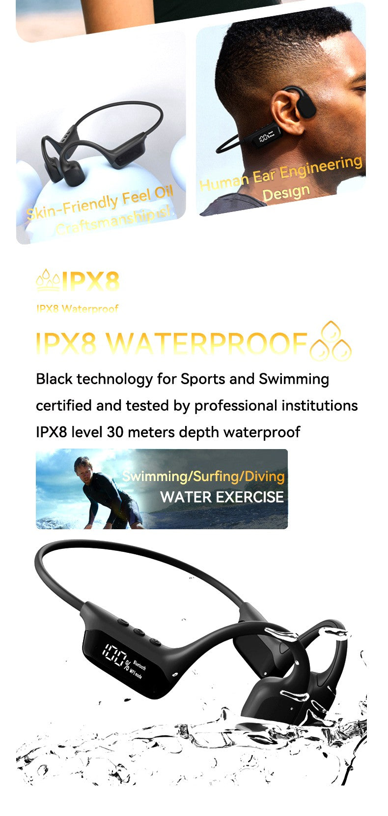 Real Swimming Bone Conduction Earphones Bluetooth Wireless Hifi Headphone IPX8 Waterproof 32GB MP3 Player Mic Headset