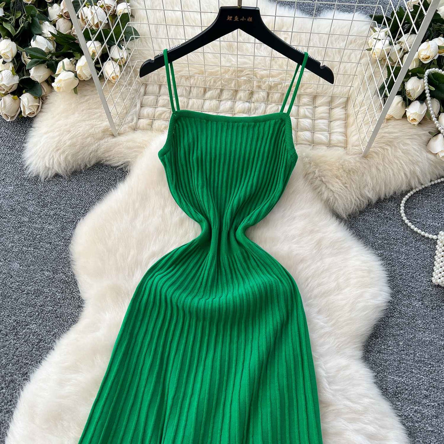 Knitted Pleated Long Dress High Waist Midi Sling Dress Elegant Sleeveless Yellow