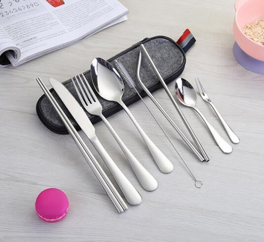 Conjunto de Talheres de Aço Inoxidável, Portátil, Faca, Garfo, Colher, Hashi, Canudo, Ocidental, Presente de Viagem, Conjunto de 9 Peças