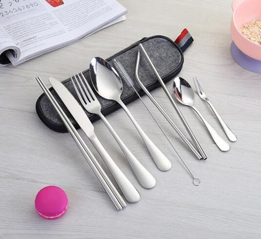 Conjunto de Talheres de Aço Inoxidável, Portátil, Faca, Garfo, Colher, Hashi, Canudo, Ocidental, Presente de Viagem, Conjunto de 9 Peças