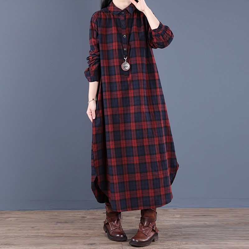 Spring And Autumn New Women's Fashion Loose Splicing Plaid Collar Button Long Sleeve Dress Medium Length Shirt Maxi Dresses 2026