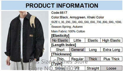Loose Casual Boys Shirts Outdoor Long Sleeve Army Green Cotton 7XL 8XL 9XL 10XL 150KG Plus Size Cargo Blouses Black Men Clothes