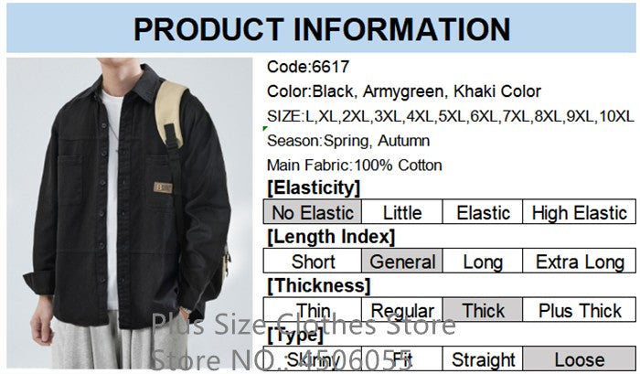 Loose Casual Boys Shirts Outdoor Long Sleeve Army Green Cotton 7XL 8XL 9XL 10XL 150KG Plus Size Cargo Blouses Black Men Clothes