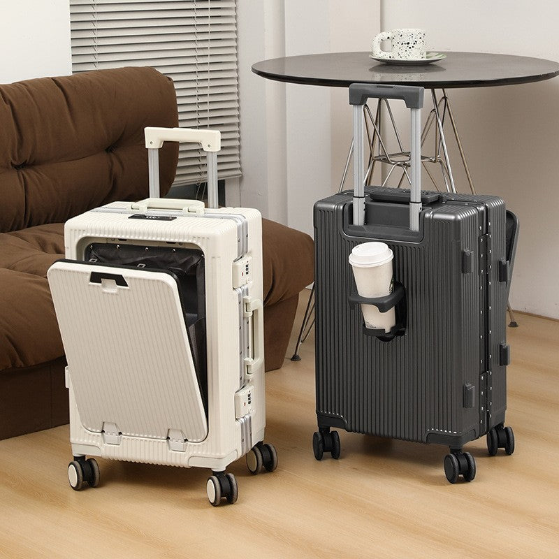 Suitcase Front Opening Pocket Aluminum Alloy Frame Rolling Luggage with USB Charging Plug Trolley Carry-on Case Bag with Wheel