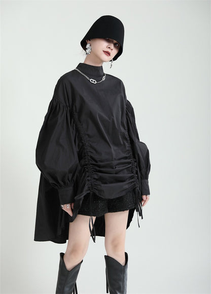 2025 Women Irregular Drawstring Big Size White Blouse New Stand Collar Long Sleeve Shirt Fashion Tide Spring Autumn