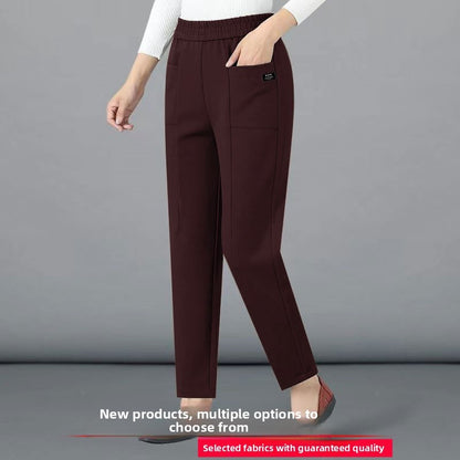 High Waist Straight Leg Pants Women's Fleece Lined Elastic Casual Mom Pants Spring Autumn Winter Polyester Fiber Harlan Pants