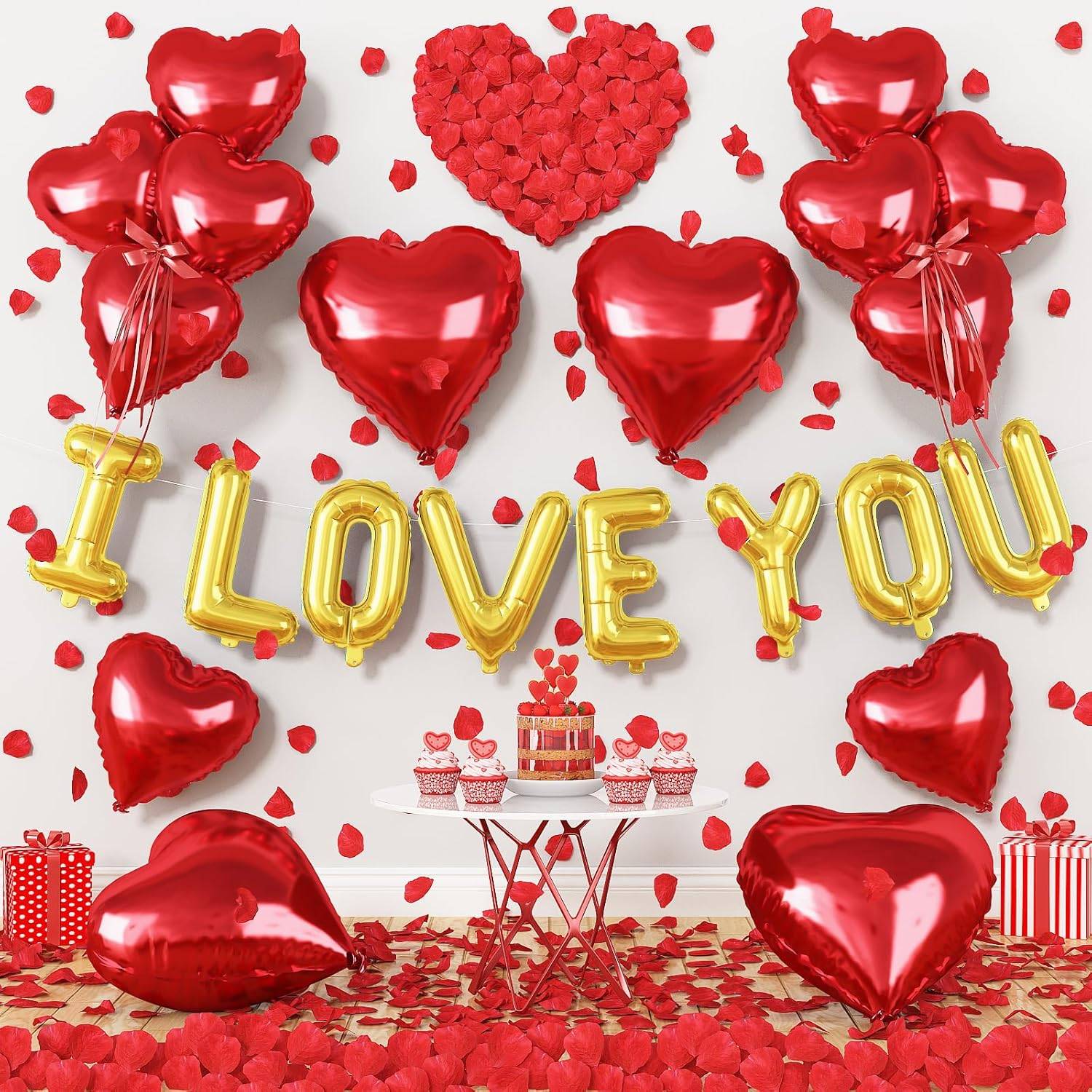 I Love You/Red Heart Love Foil Balloon 1000Pcs Rose Petals for Wedding Anniversary Valentine Day Romantic Special Night Party
