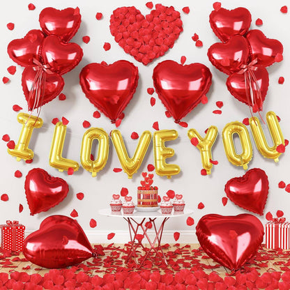 I Love You/Red Heart Love Foil Balloon 1000Pcs Rose Petals for Wedding Anniversary Valentine Day Romantic Special Night Party