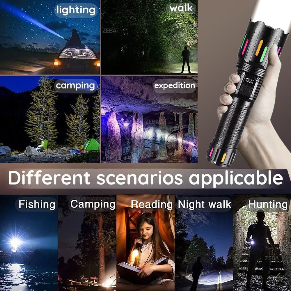 Super Powerful LED Flashlight 1000000LM High Power Torch Strong Light 800W Led Flash Light Rechargeable Hunting Tactical Lantern