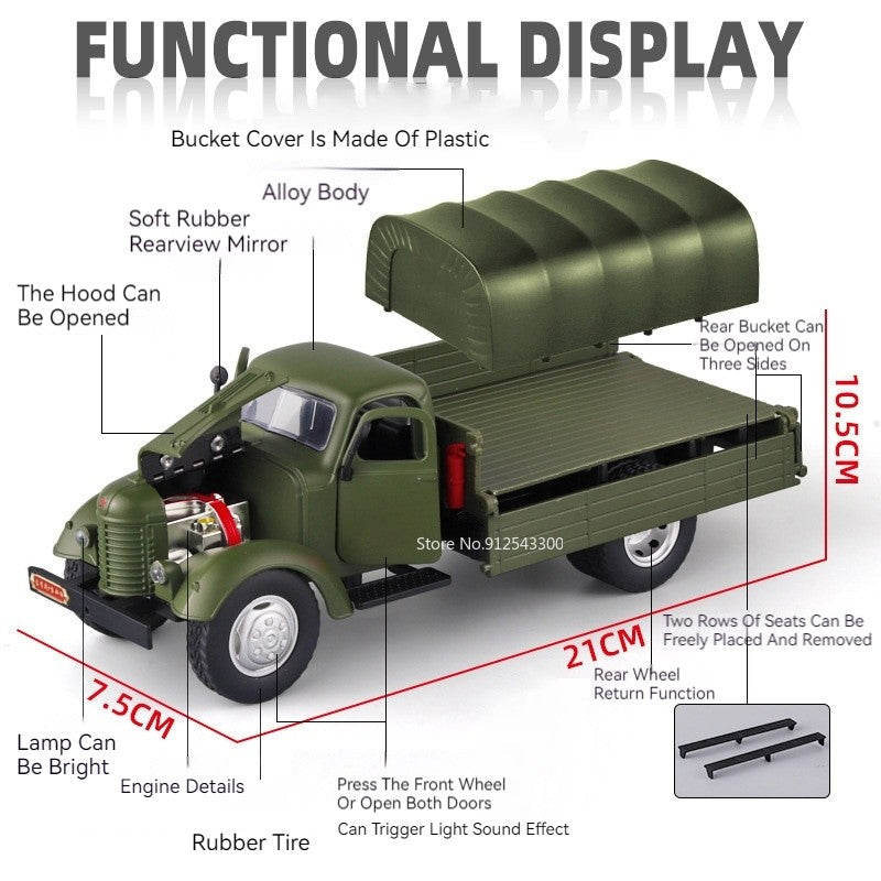 1:24 CA10 Vintage Truck Armored Car Model Toy Alloy Diecast Military Carrier Transport Vehicles Models Sound Light Kids Gifts