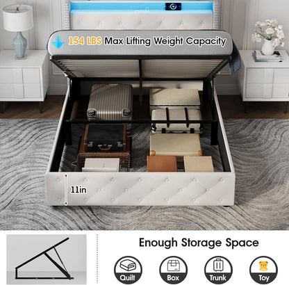 Full Size Bed Frame with LED Headboard & Lift Up Storage, Velvet Upholstered Platform Bed Frame with Led Light and Charg