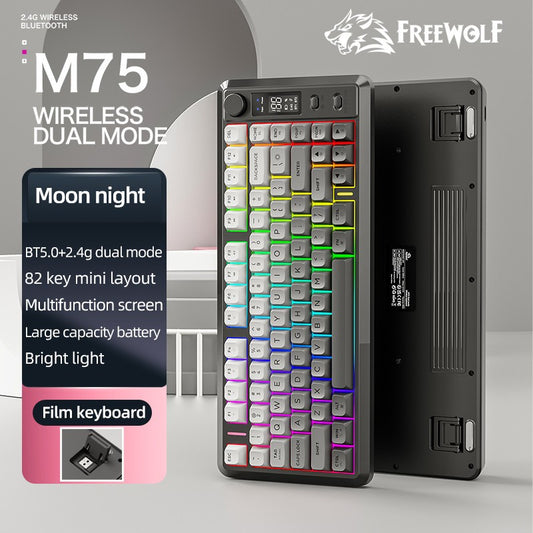 Teclado Gamer Sem Fio Compacto FREE WOLF M75 82 Teclas - Modo Duplo (Bluetooth/2.4G) Retroiluminação RGB Tela OLED Bateria Grande