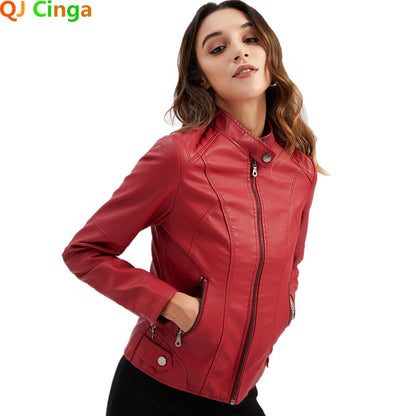 Red Women's PU Jacket, Vertical Collar Zipper Motorcycle Leather Coats,  Fashion Casual Coat Female Outerwear, Black Purple Top.