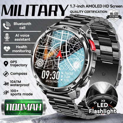 Relógio Inteligente Militar com Bússola GPS Masculino Bateria 1100mAh Lanterna Frequência Cardíaca 100+ Modos Esportivos Chamada Bluetooth Smartwatch à Prova d'Água