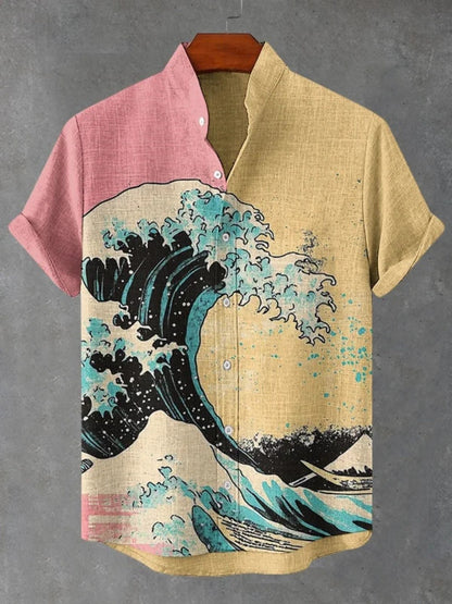 Summer Casual Men's Japanese Art Sea Wave Printed Linen Shirt Short Sleeve Stand up Collar Cardigan Breathable Top