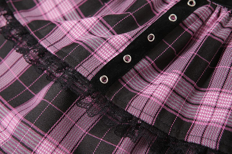 Lolita Cake Mini Skirts Gothic Japanese Harajuku Girls Purple Pink Plaid Pleated Skirt Punk Sweet Lace Kawaii Cosplay Costume