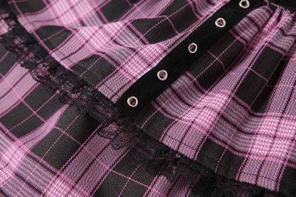 Lolita Cake Mini Skirts Gothic Japanese Harajuku Girls Purple Pink Plaid Pleated Skirt Punk Sweet Lace Kawaii Cosplay Costume