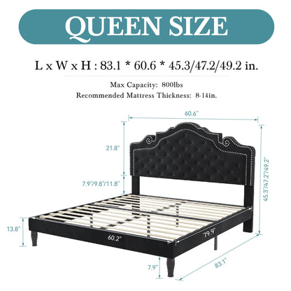 Base de Cama de Veludo HOOMIC nos Tamanhos Casal/Queen/King com Cabeceira Tiara Ajustável, Cama Plataforma Estofada com Capitonê de Diamante