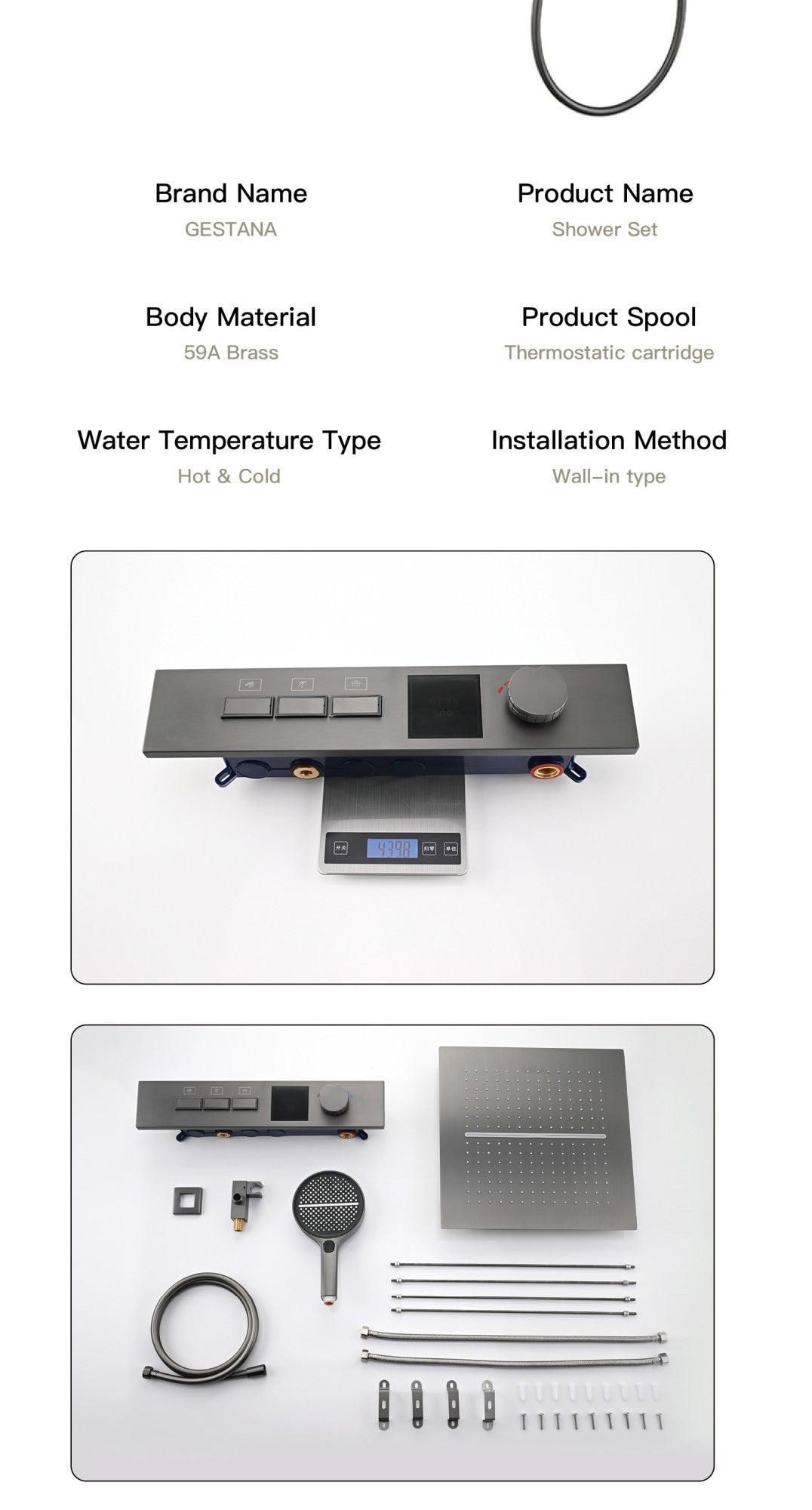 Sistema de chuveiro de latão Gunmetal luxuoso para banheiro com display de temperatura LED embutido no teto, 2 funções (chuva/cascata)