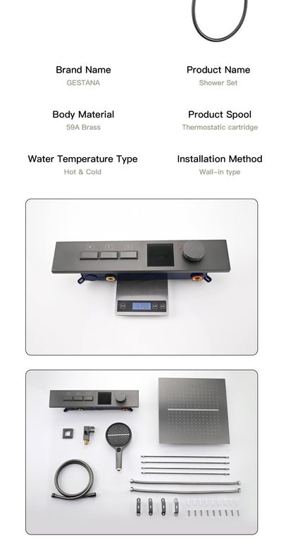 Sistema de chuveiro de latão Gunmetal luxuoso para banheiro com display de temperatura LED embutido no teto, 2 funções (chuva/cascata)