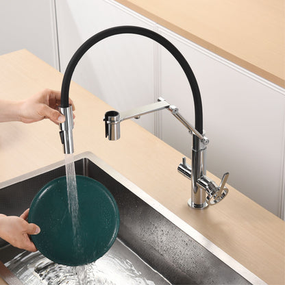 Torneira de Cozinha Moderna em Latão Cromado com Spray Retrátil 3 em 1, Função de Água Pura, Furo Único, Misturador de Pia Quente e Frio com 2 Alças