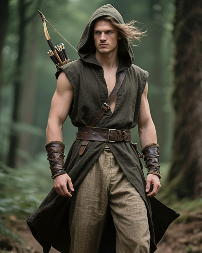 Men's Medieval Hooded Surcoat Renaissance Tabard Sleeveless Tunic Cloak Viking Costume Holloween Assassin Cosplay