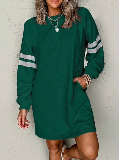 Autumn Winter New Striped Drop Shoulder Sweatshirt Mini Dresses Women Casual Loose O Neck Long-sleeved Pocket Dress Female 2025