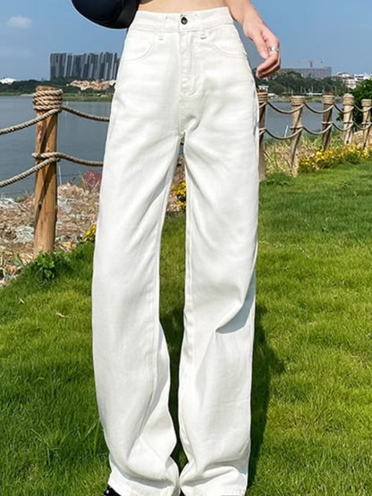 Woman High Waist Wide Leg Jeans Girls Casual Denim Straight Leg Pants Female White Black Blue Light Blue Beige Loose Trousers