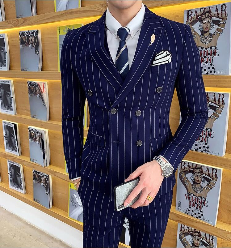 Customized High Quality Men's Pinstripe Tuxedo Suits Peak Lapel 2-Piece Blazer And Pants Set for Formal Wedding